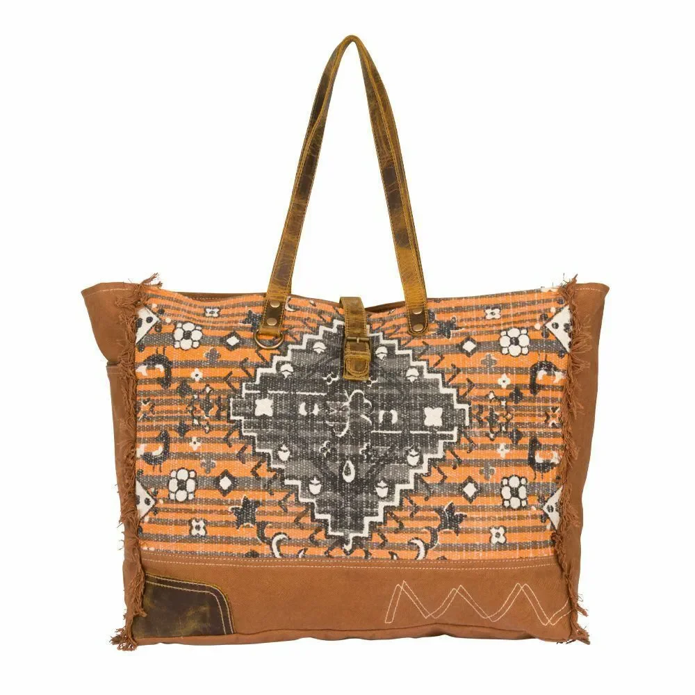 Myra Bag Upcycled Rust Affair Canvas & Cowhide Leather Weekender Bag